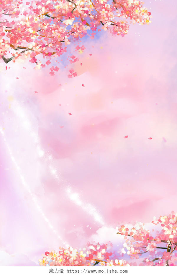 粉色唯美手绘天空白云水墨桃花展板背景